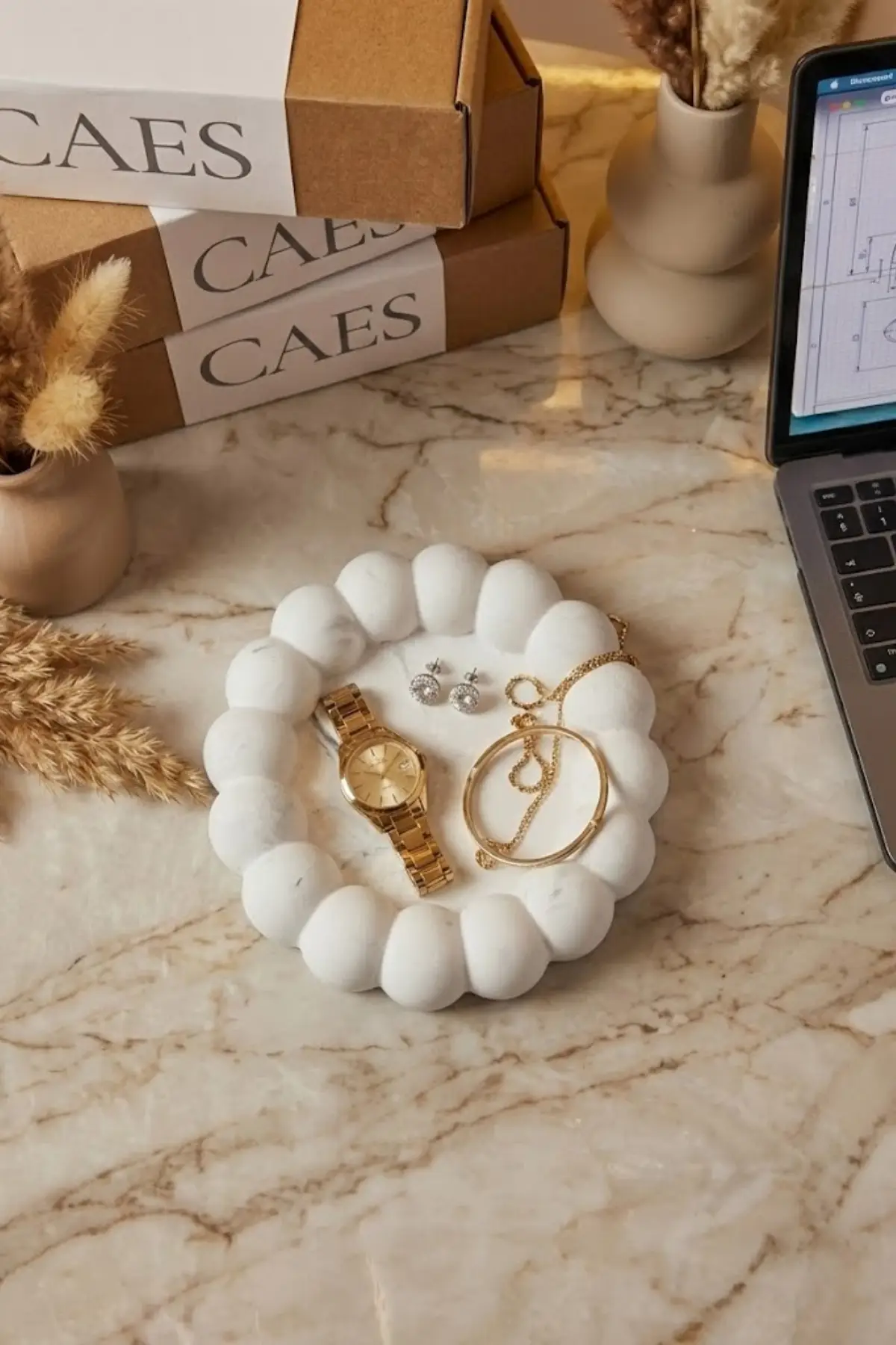 Modern Baloncuk Tasarımlı Mermer Görünümlü Dekoratif Takı ve Düzenleyici Tepsi - Nimbus Pearl